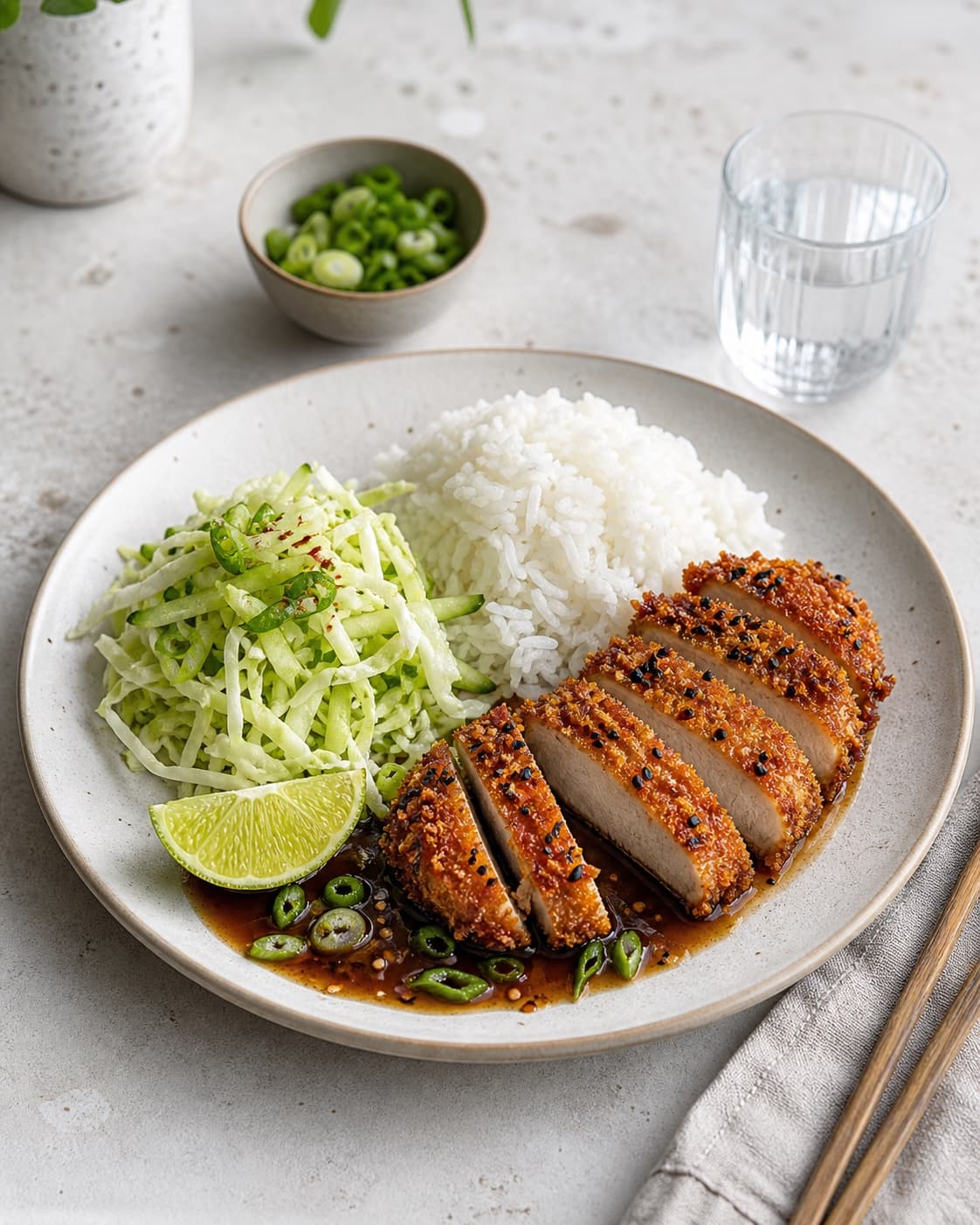 Skåret sprød kotelet anrettes med jasminris, kålsalat og sauce kun ved siden af