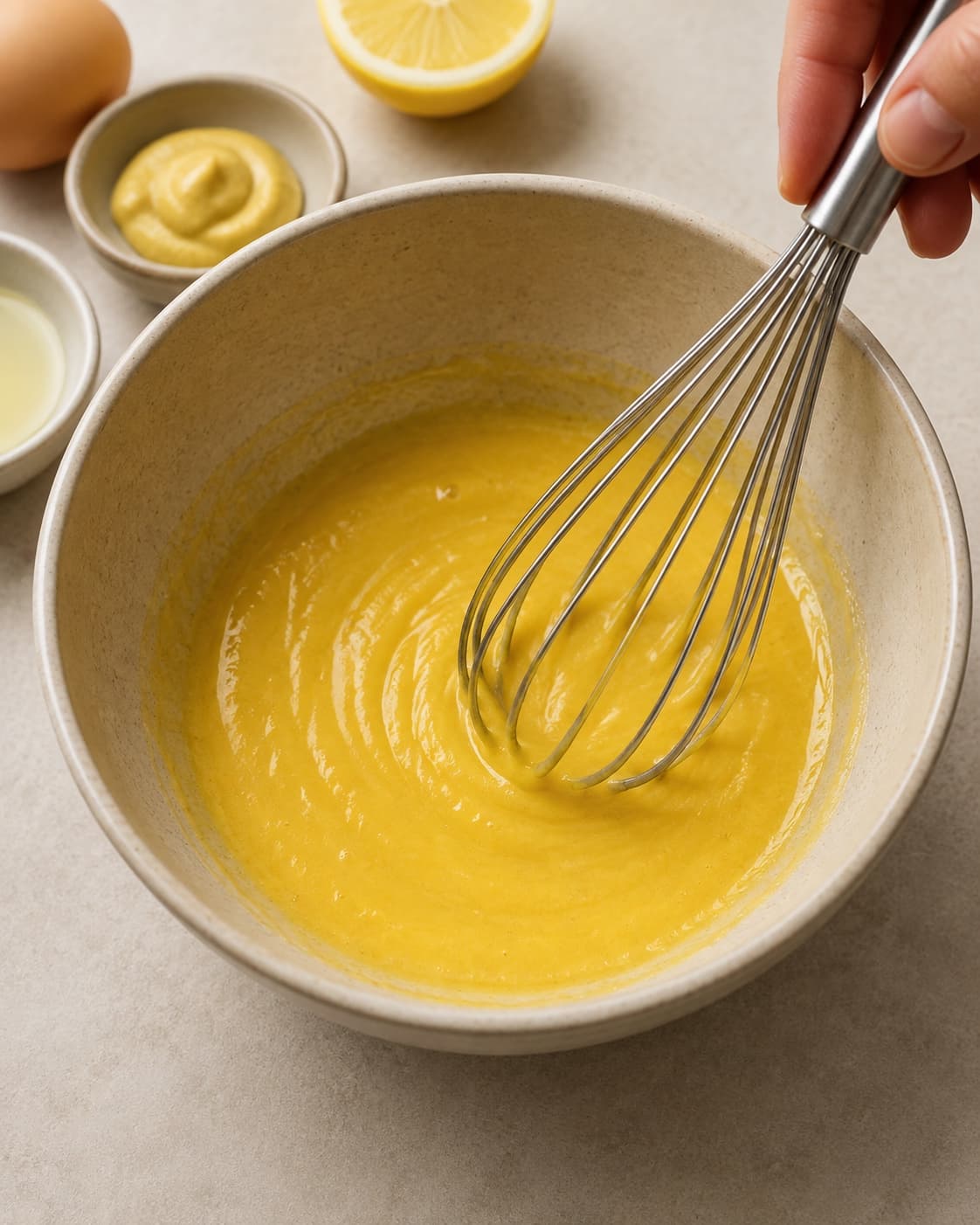 Pasteuriseret æggeblomme, Dijon og citron piskes glat i en ren rund skål