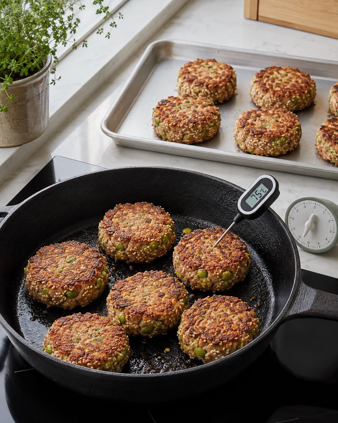 Tunfrikadeller brunes og bages til 75 grader før tre minutters hvile