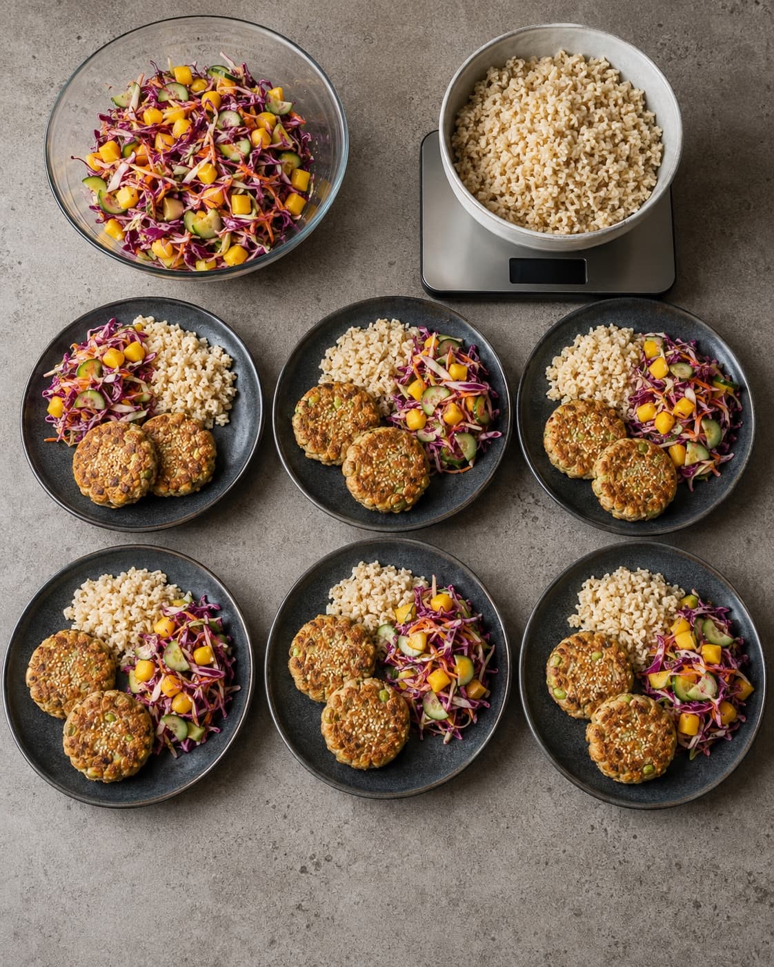 Seks portioner tunfrikadeller anrettes med fuldkornsris og mango-agurkeslaw