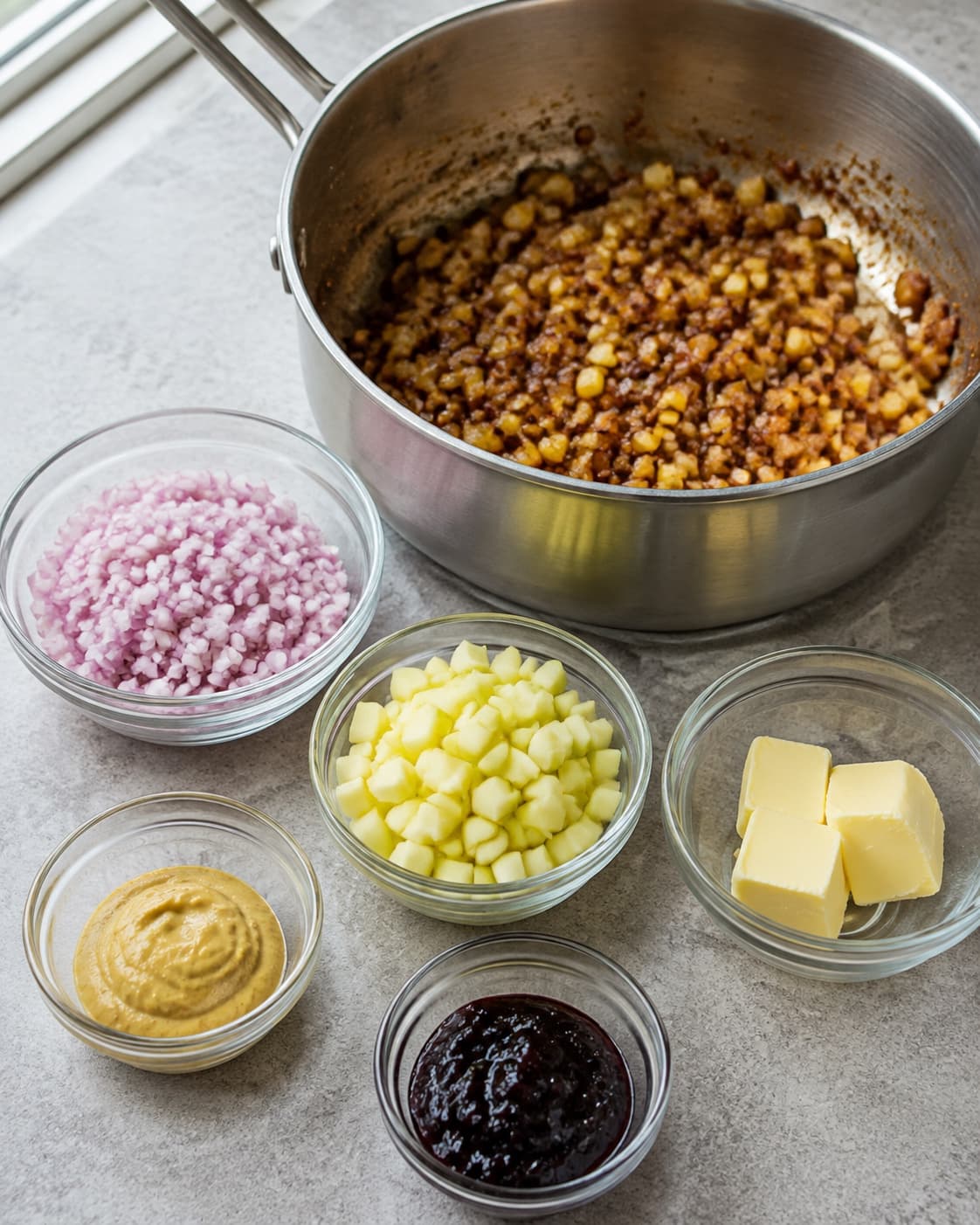 Skalotteløg og æble karamelliseres mørkgyldent til whiskysauce