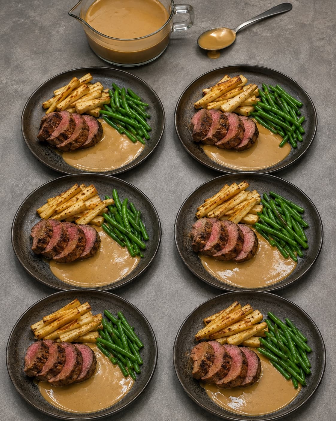 Seks portioner okse, pastinak og bønner anrettes med whiskysauce