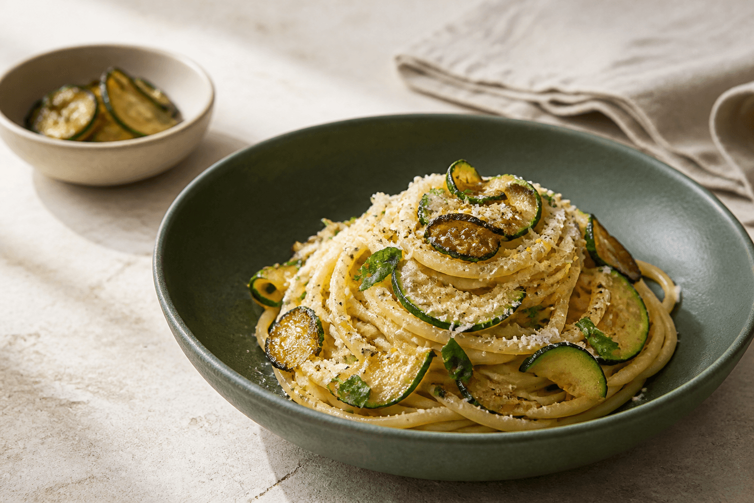 Spaghetti alla Nerano med gyldne squashskiver i en mørkegrøn skål