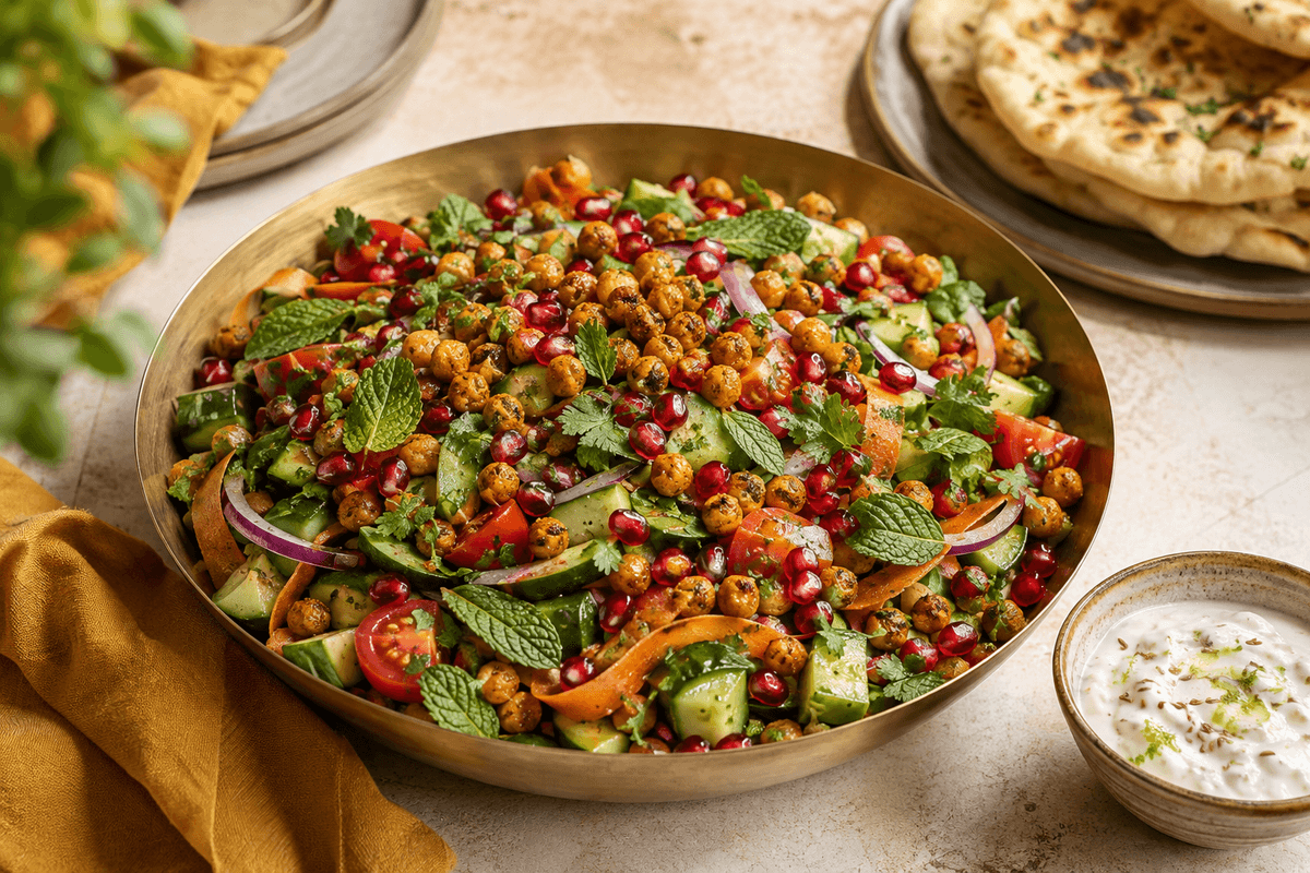 Indisk-inspireret salat med agurk, tomat, gulerod, granatæble, urter, sprøde kikærter og spidskommen-lime