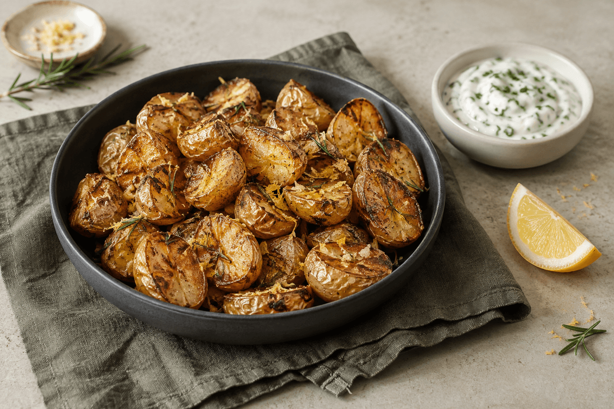 Sprøde kartofler fra airfryer med rosmarin, hvidløg, citron og purløgsdip
