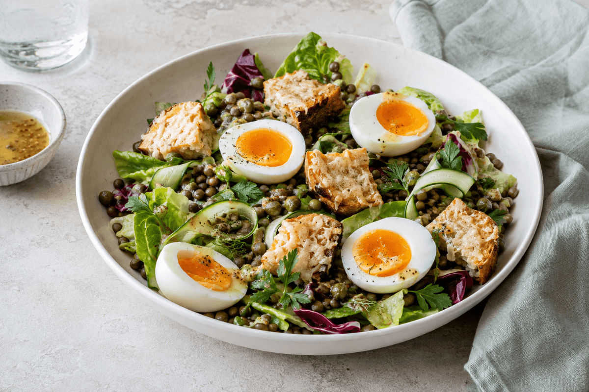 Måltidssalat med grønne linser, smilende æg, sprøde ostecroutoner, kapers og senneps-citrondressing