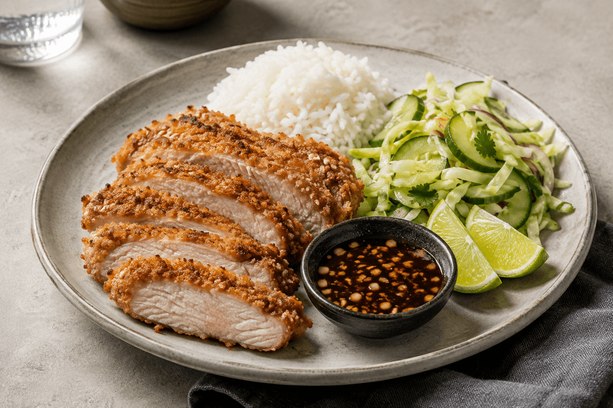 Sprøde panko-sesamkoteletter med soy-lime-ingefærsauce, jasminris og agurk-kålsalat