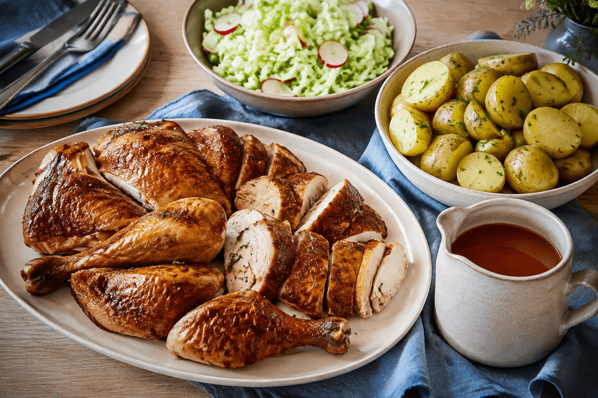 Timianstegt kylling med brun æblesovs, smørvendte kartofler og grov mormorsalat