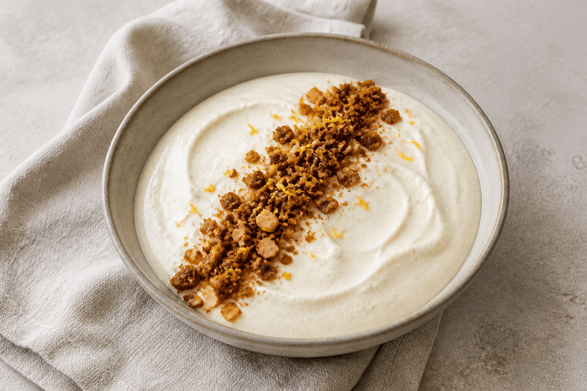 Luftig karnemælksfromage med citron, vanilje og sprødt rug-mandelknas