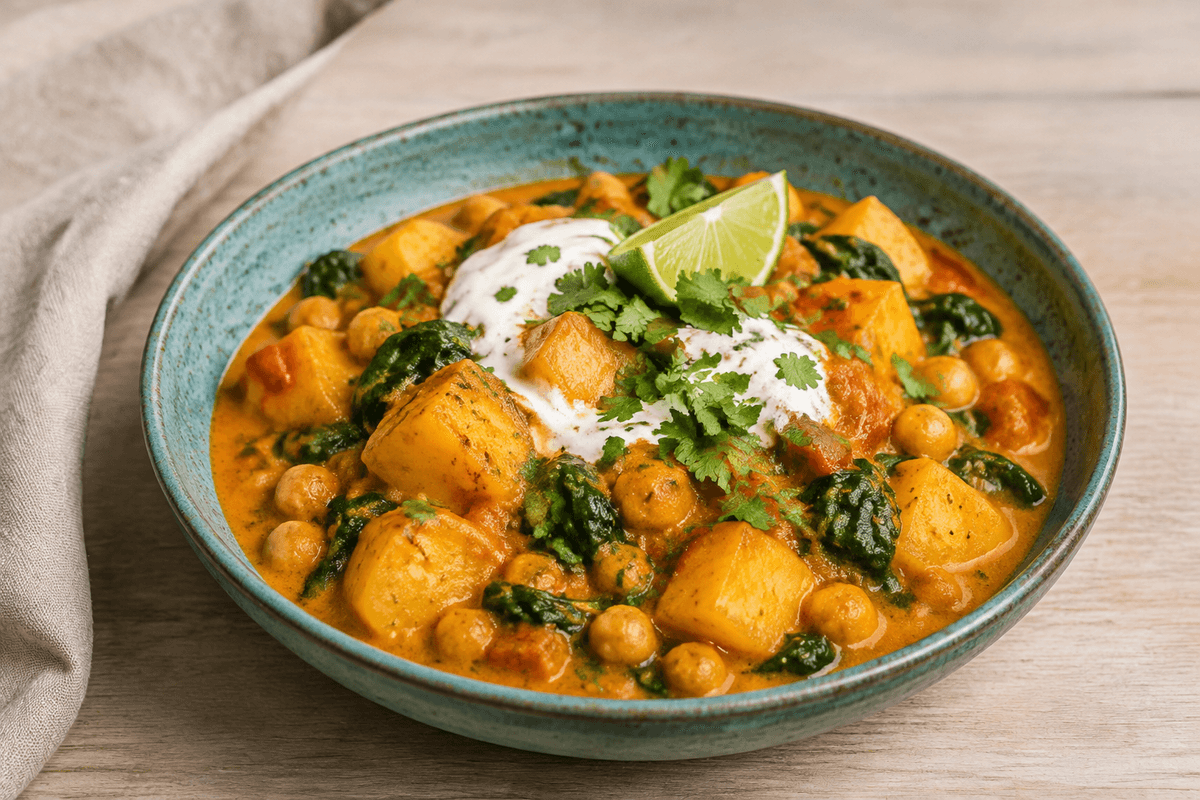 Gylden kartoffelcurry med kikærter, spinat, kokosmælk, lime og koriander