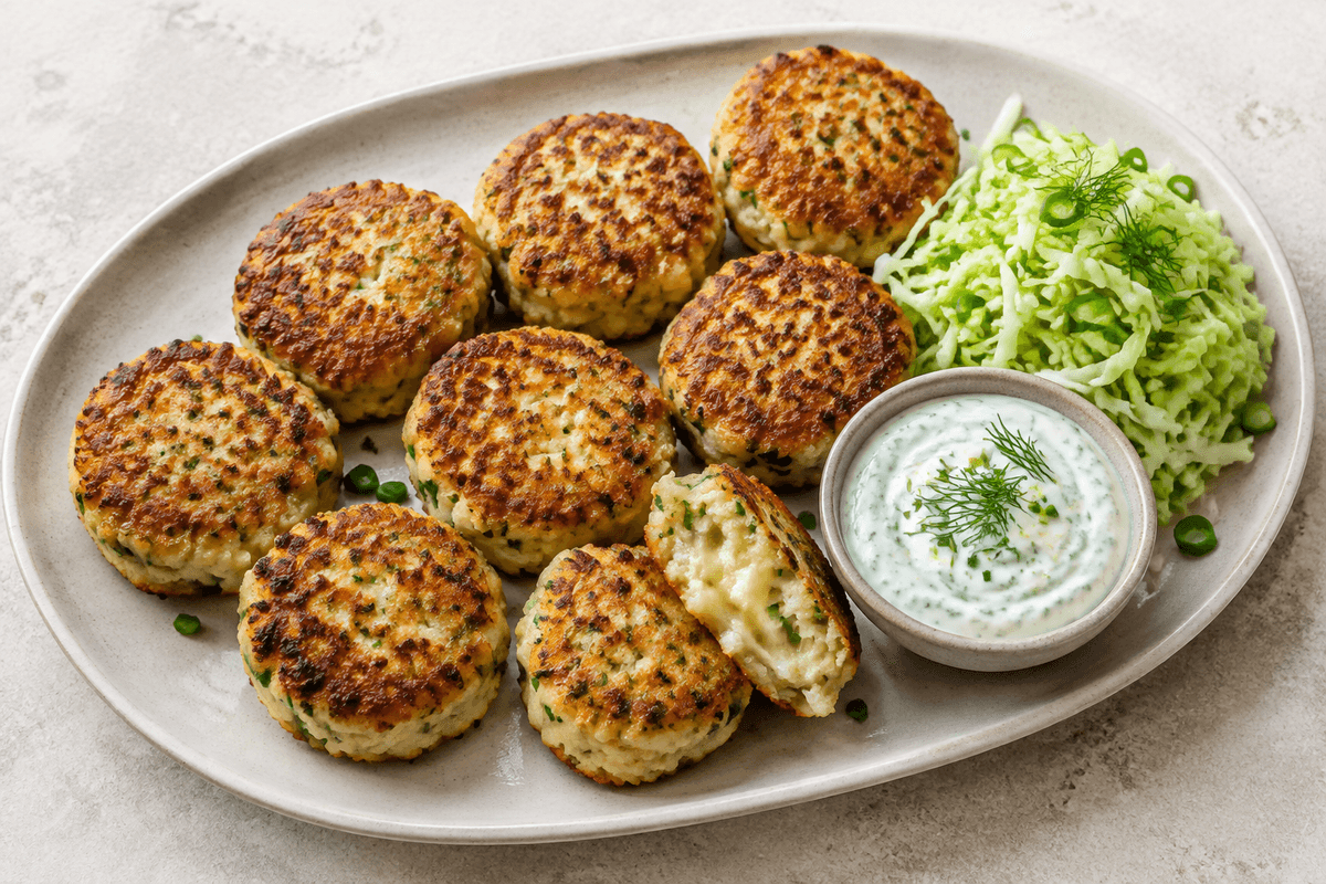 Gyldne kartoffeldeller med lagret ost, porre, purløg, citron-dilddip og kålsalat