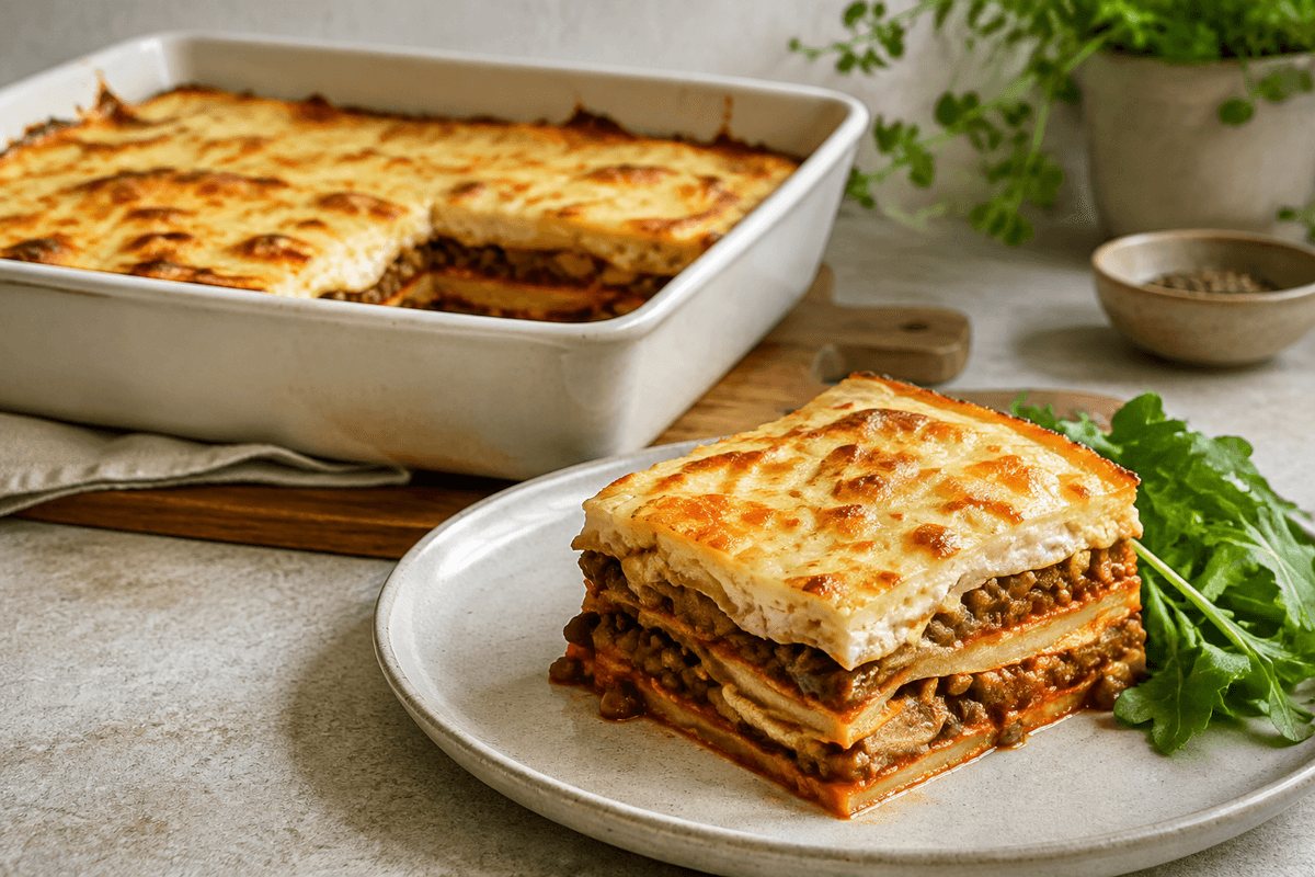 Kartoffellasagne med tynde kartoffellag, svampe-linseragu, timianbechamel og gylden ost