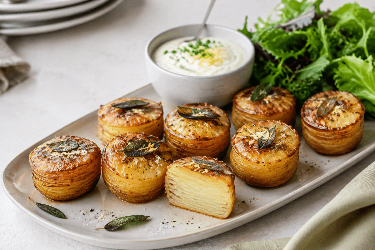 Sprøde lagdelte kartoffelmedaljer med brunet salviesmør, parmesan, citronskyr og grøn salat