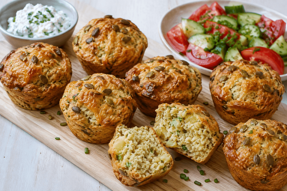 Salte kartoffelmuffins med porre, cheddar, rugmel, græskarkerner, purløgshytteost og tomatsalat