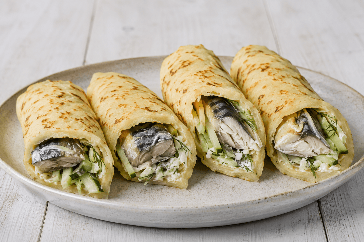 Kartoffelwraps med varmrøget makrel, sprød æblekål, agurk, dild og peberrodsdressing