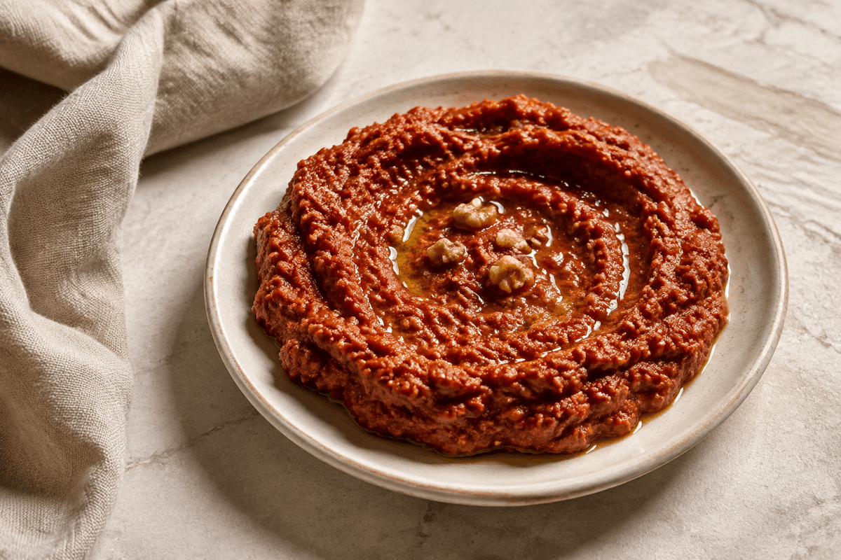Én portion muhammara med valnøddeknas og lidt olivenolie