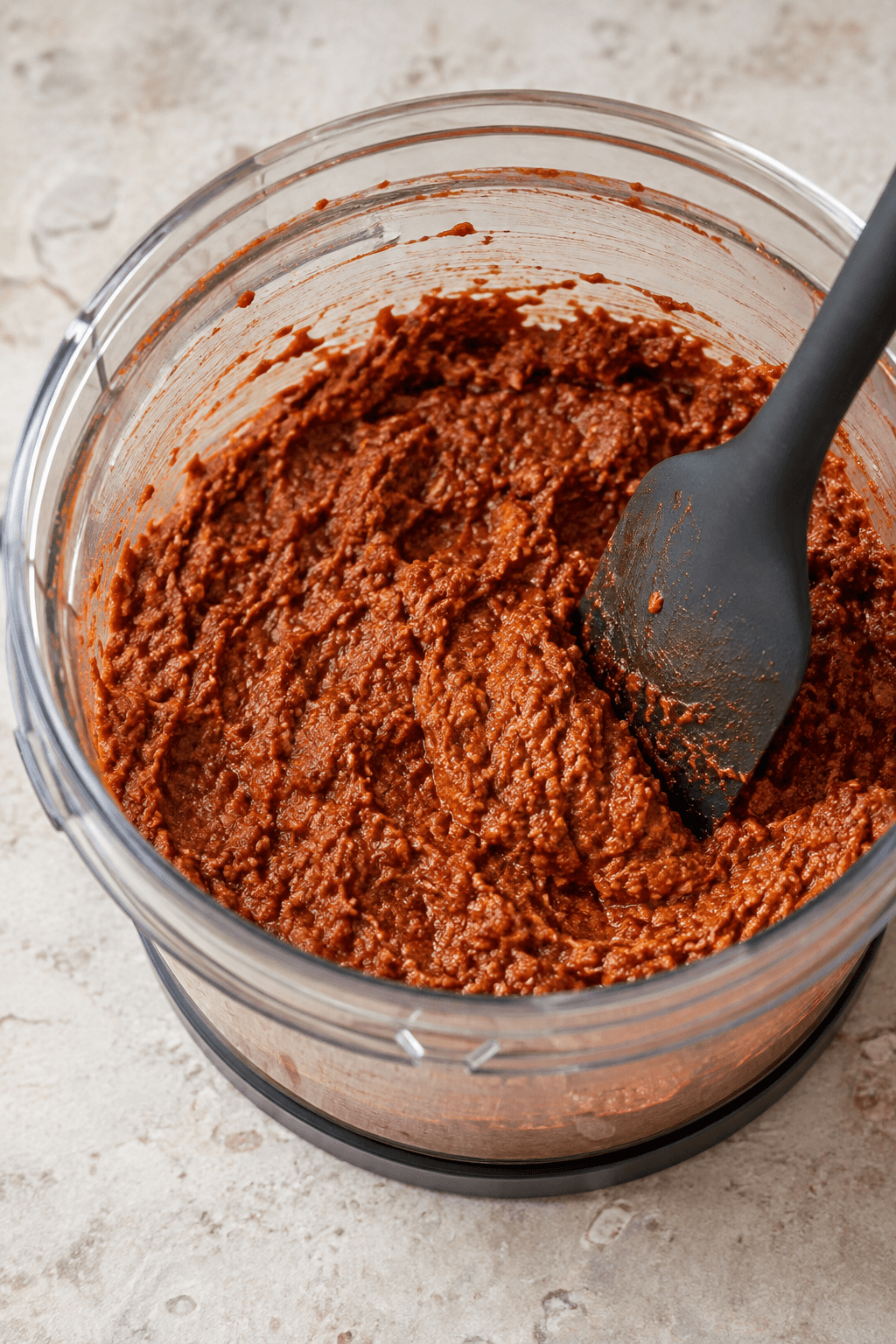 Færdig muhammara med grov struktur i en foodprocessor