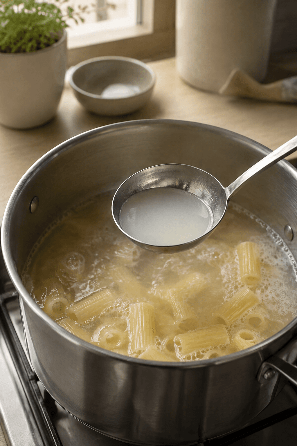 Rigatoni koges, og pastavand gemmes