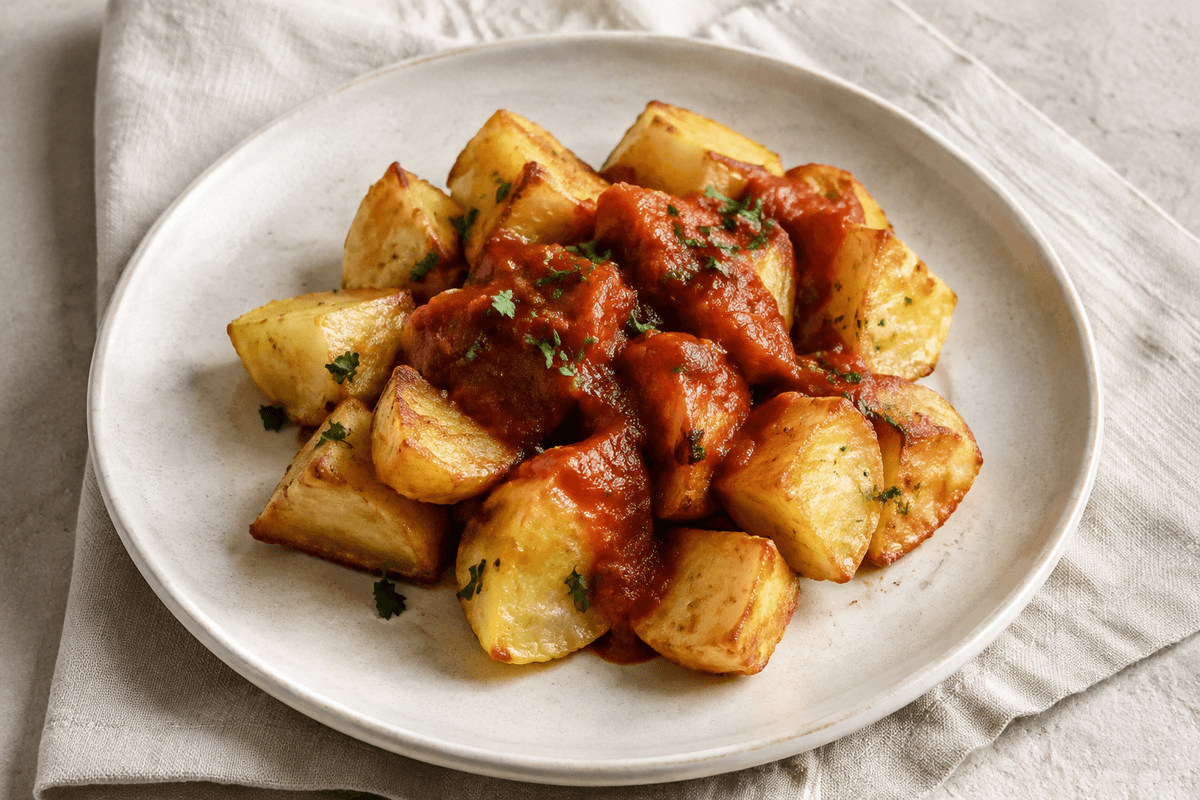 Én portion sprøde patatas bravas med rød paprikatomatsauce og persille