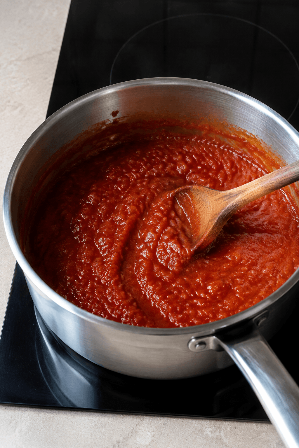 Tomat, løg og paprika simrer til en sammenhængende bravasauce