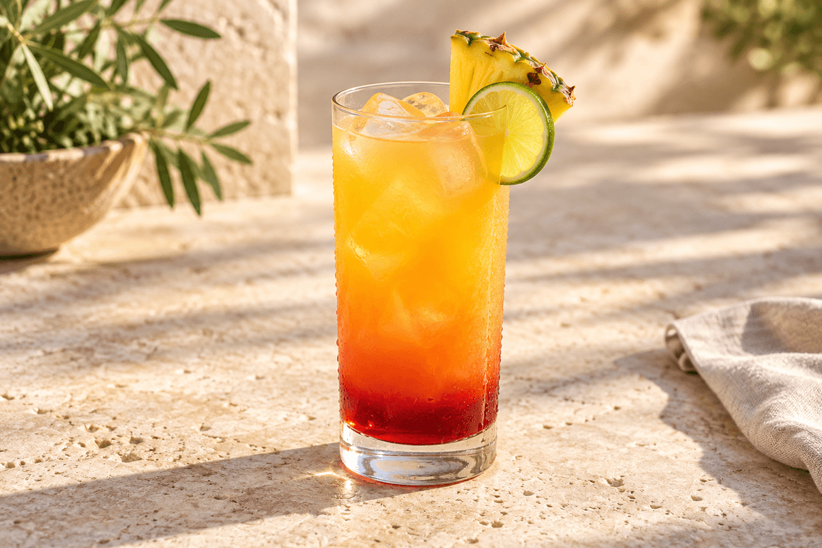 A Day at the Beach cocktail med gylden citrus og rubinrød grenadine