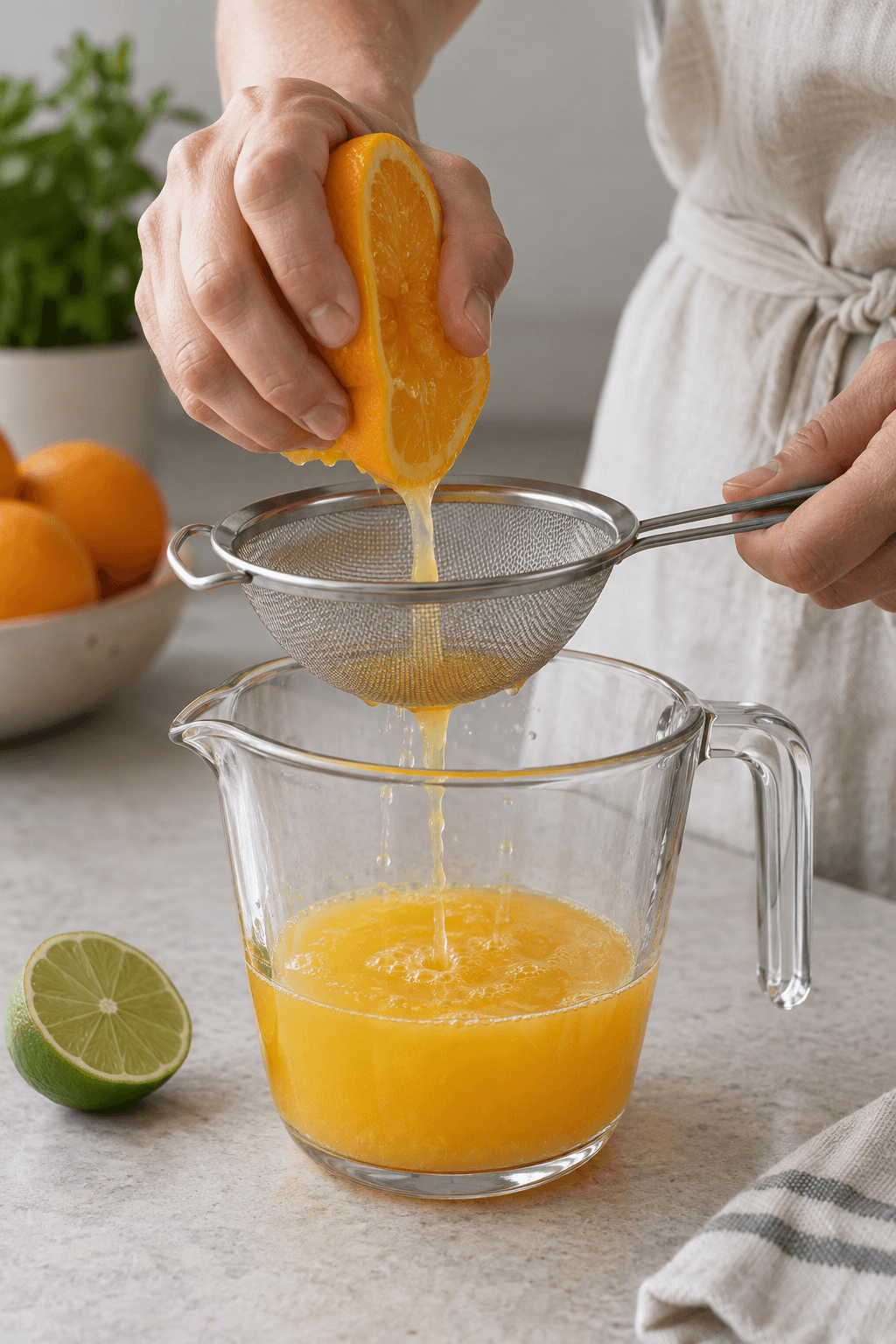 Frisk appelsin presses gennem en fin si med lime klar ved siden af