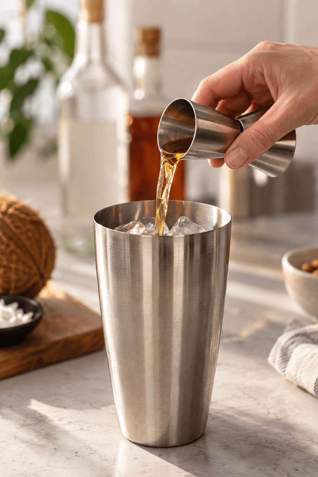 Amaretto måles med jigger over en cocktailshaker med is