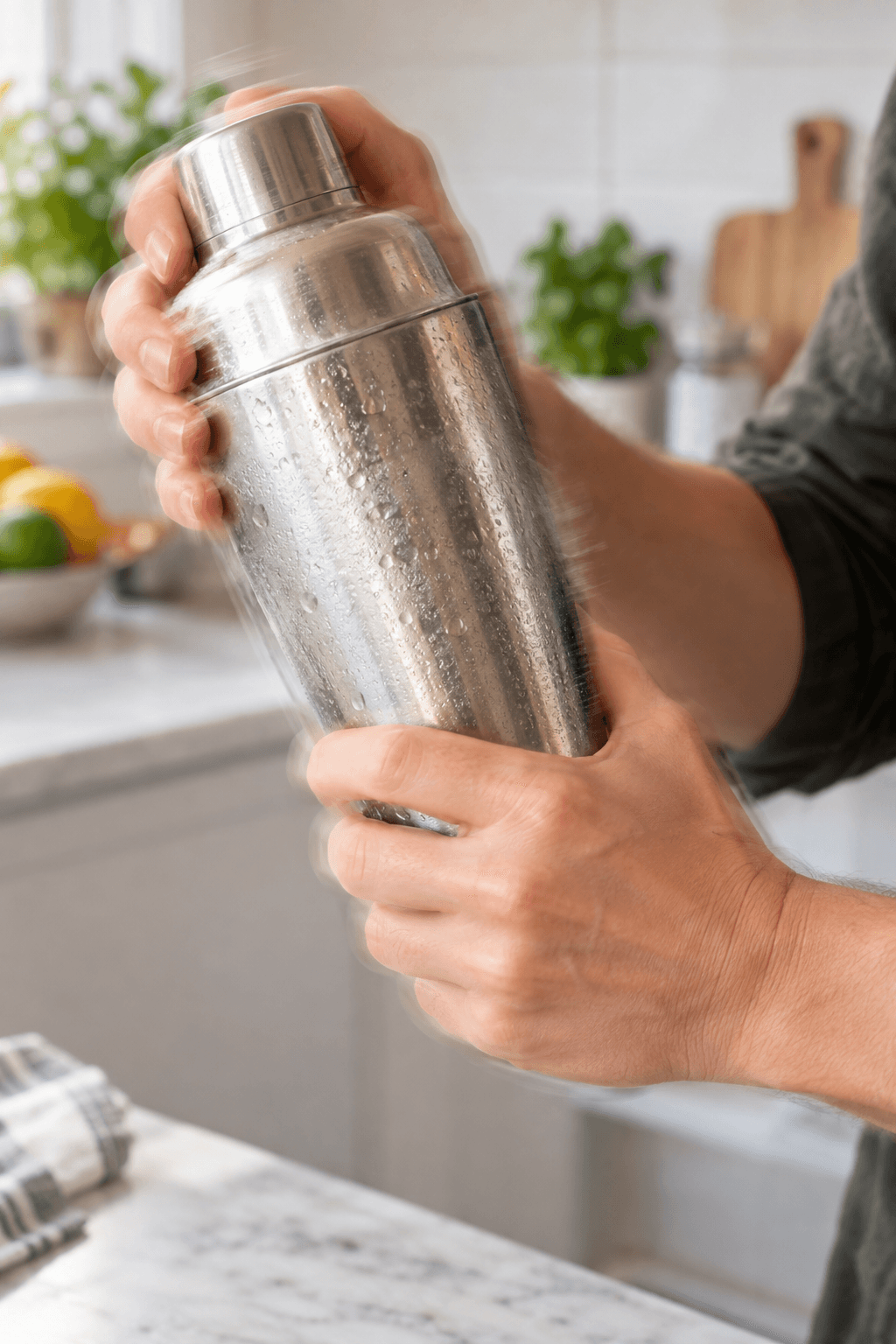 En lukket cocktailshaker rystes energisk med begge hænder
