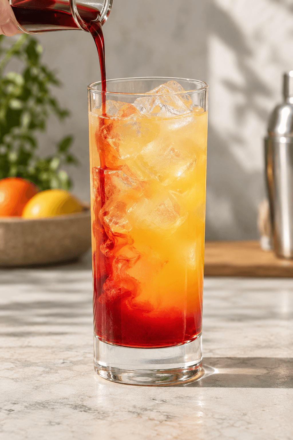 Grenadine hældes langsomt i en gylden cocktail og danner et rødt bundlag
