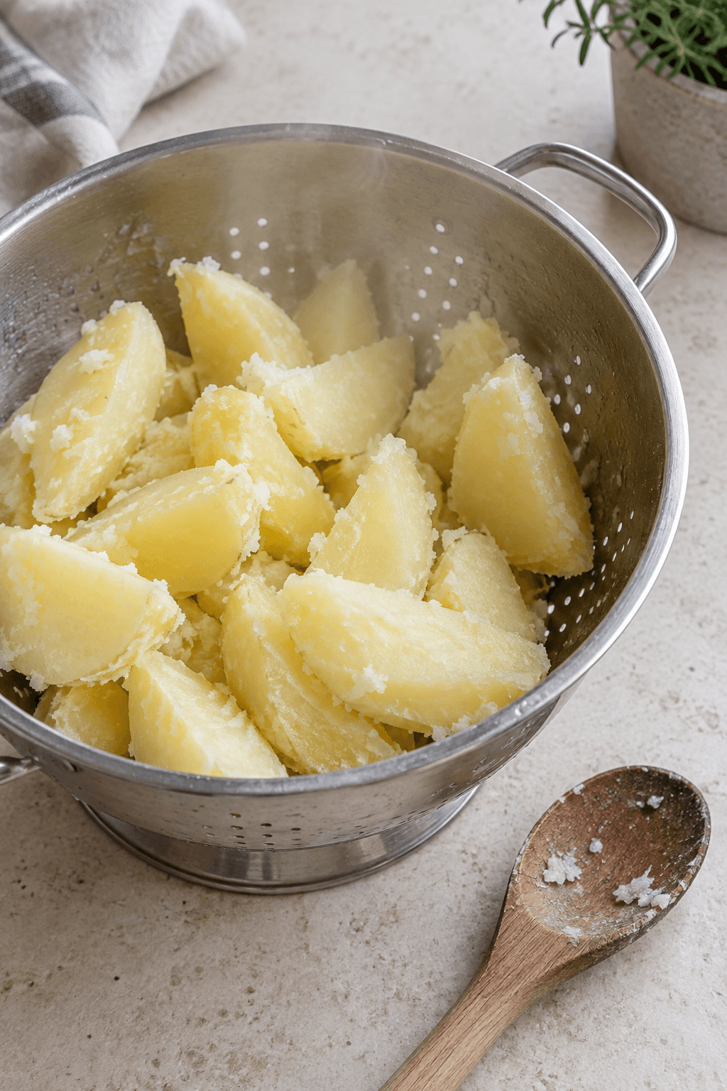 Forkogte kartoffelbåde med ru, dampede kanter i en gryde