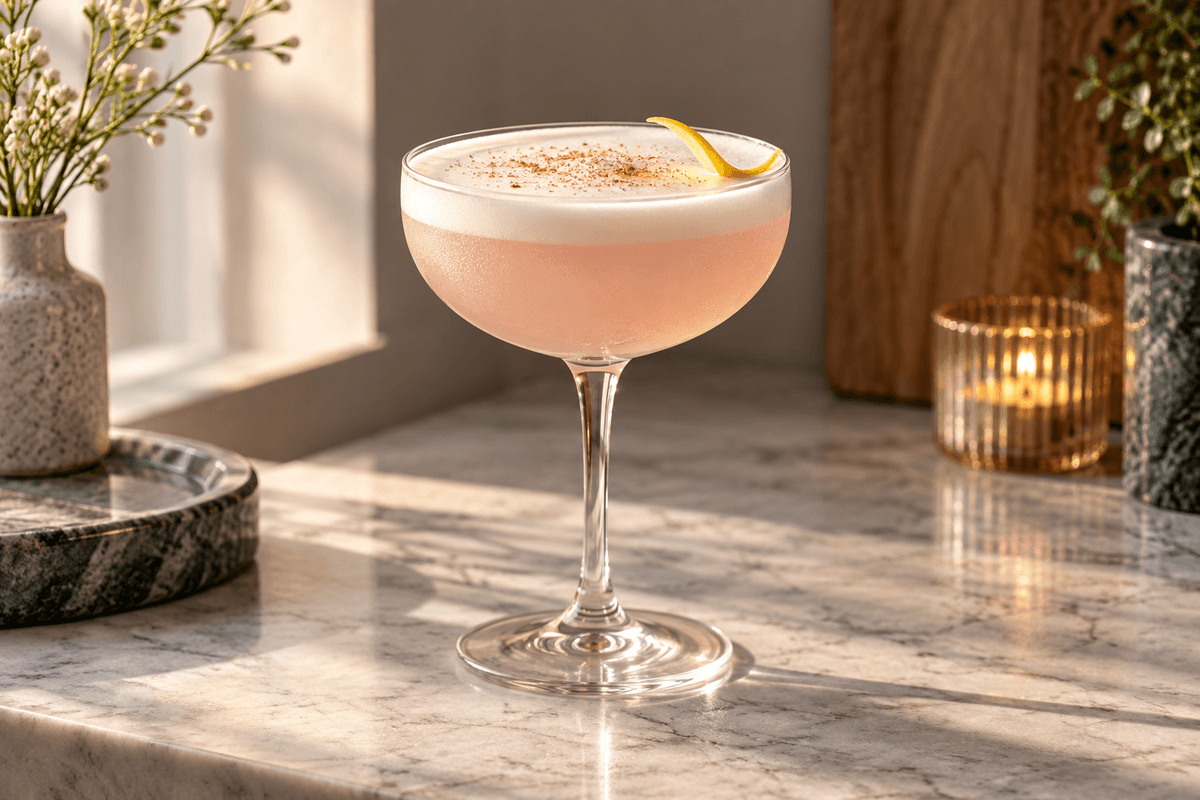 Absent Friend-cocktail med gin, grenadine, citronskum og muskat