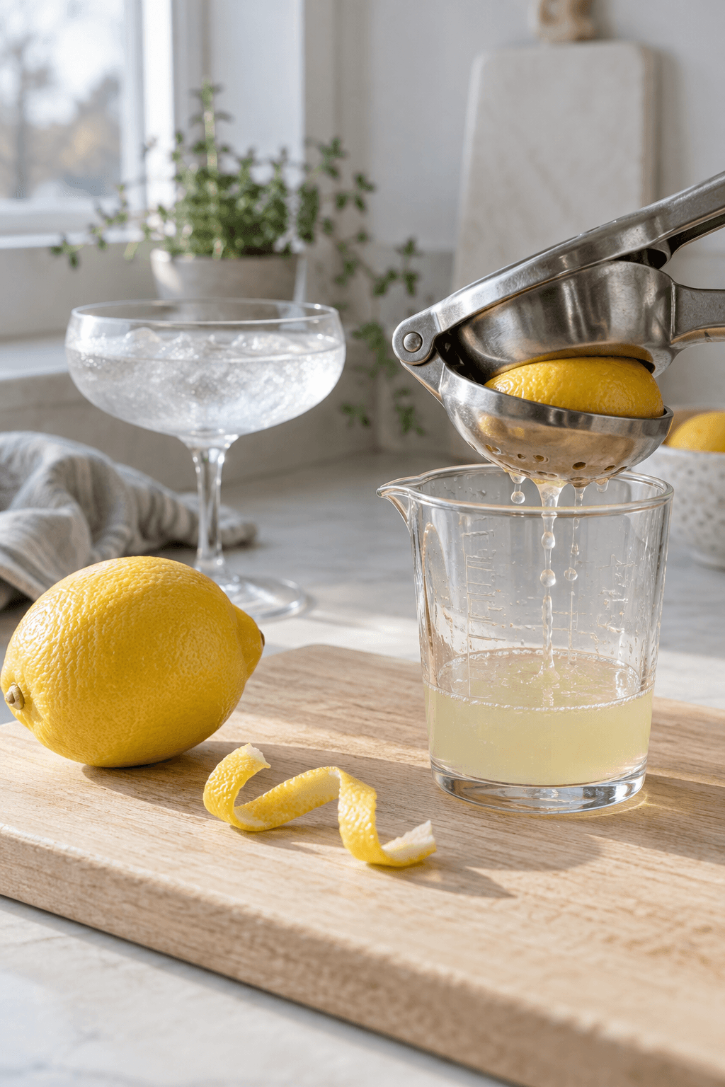 Frisk citron presses og en smal citrontwist klargøres ved et afkølet coupeglas