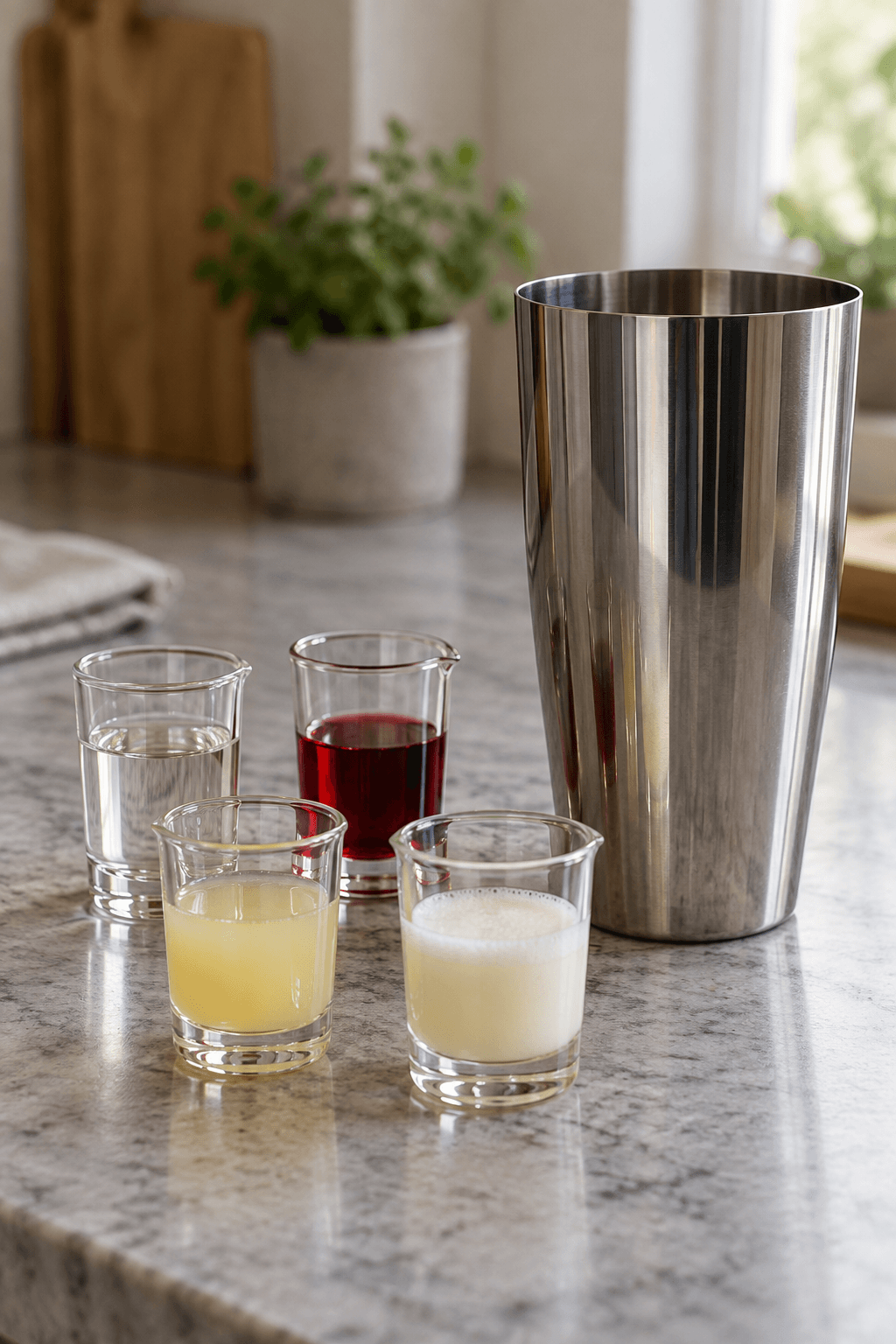 Gin, grenadine, citron og pasteuriseret æggehvide står afmålt ved én shaker
