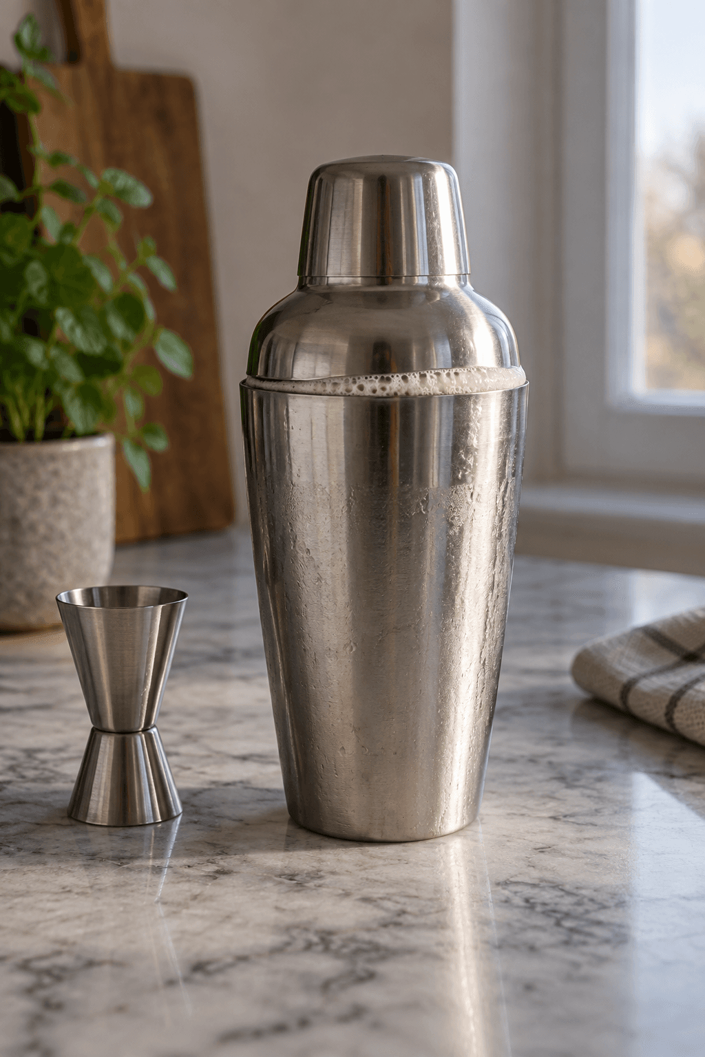 Rosa cocktailbase dry-shakes uden is i én lukket shaker