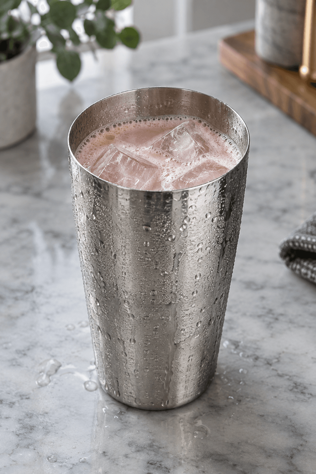 Rosa Absent Friend-cocktail shakes iskold med store isterninger