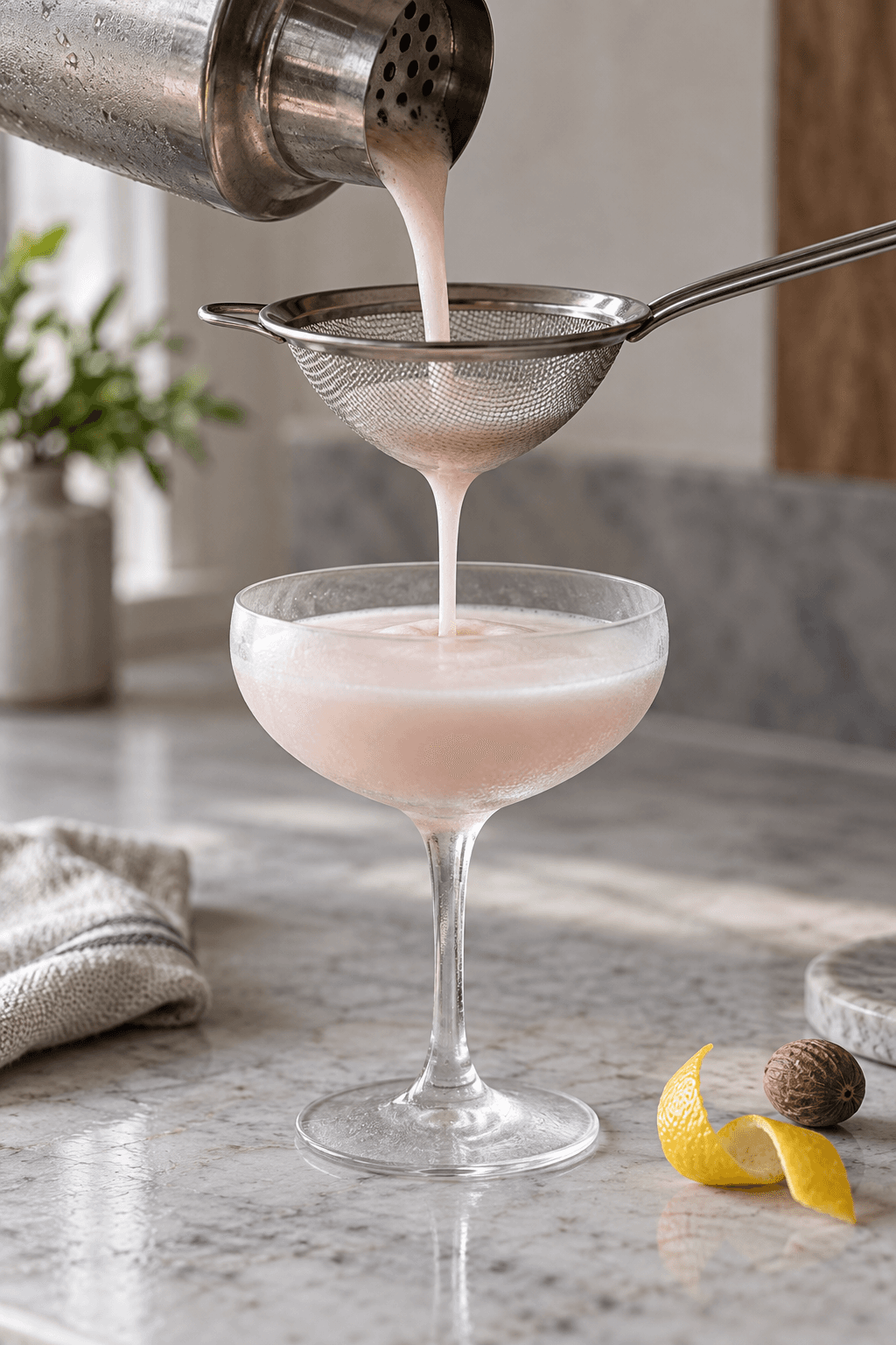 Rosa Absent Friend-cocktail dobbelt-sies i ét afkølet coupeglas