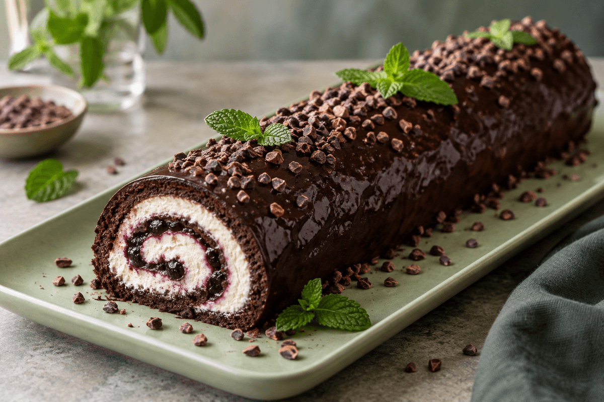 After Eight-inspireret kakaoroulade med pebermynte-mascarpone, solbærkerne og kakaonibknas