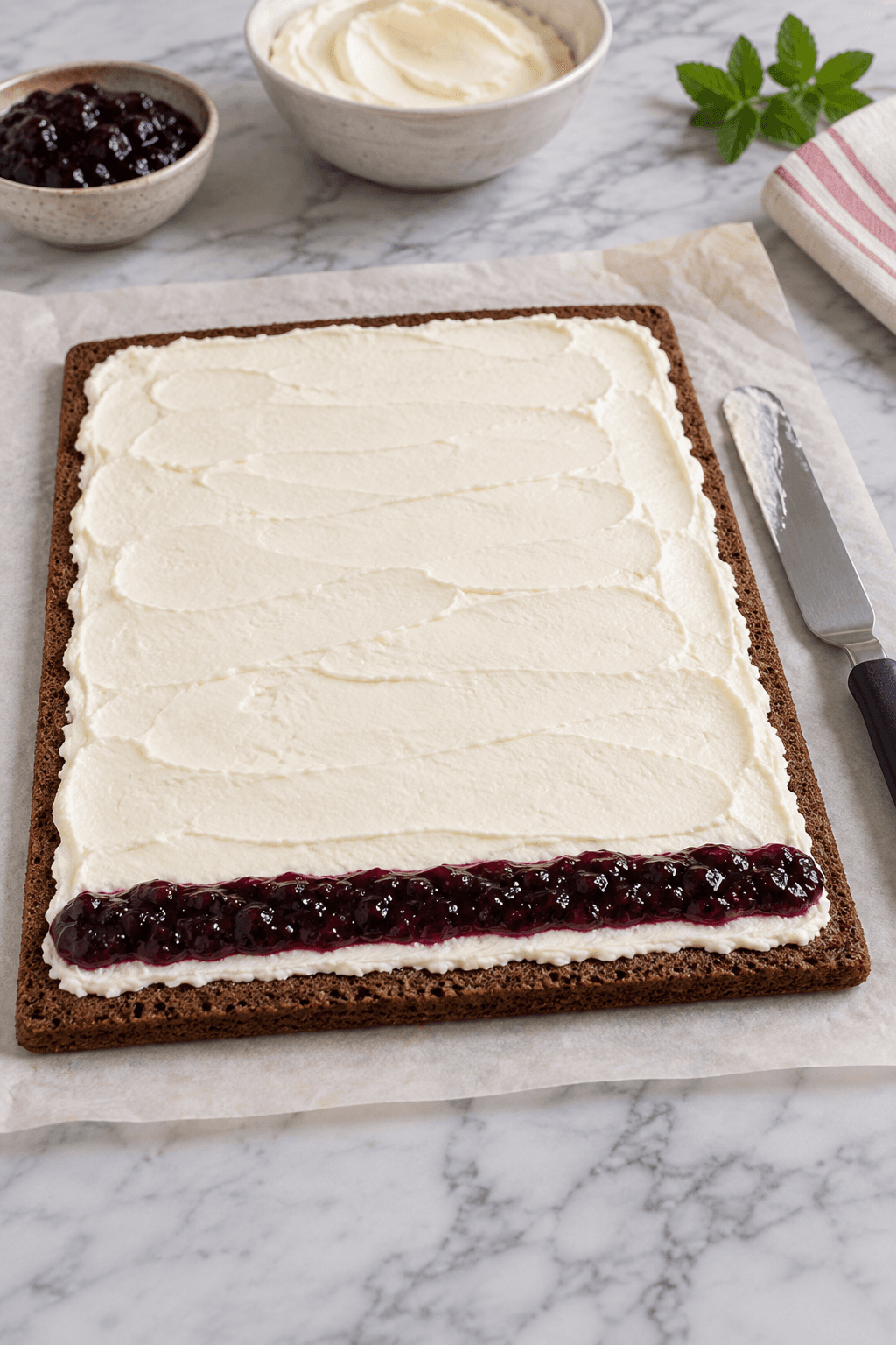Kakaobund med jævn pebermyntecreme og én smal stribe solbærgel