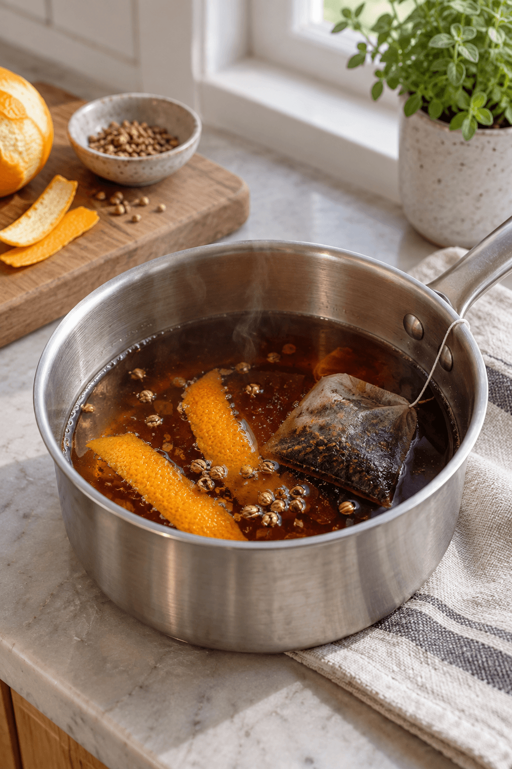 Sort te, appelsinskal og koriander trækker i én lille gryde med sirup