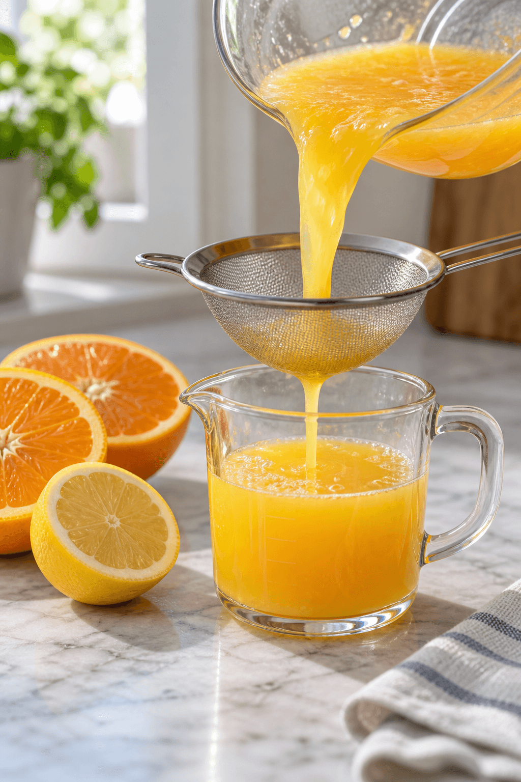 Blodappelsin og citron presses og sies ned i ét klart målebæger