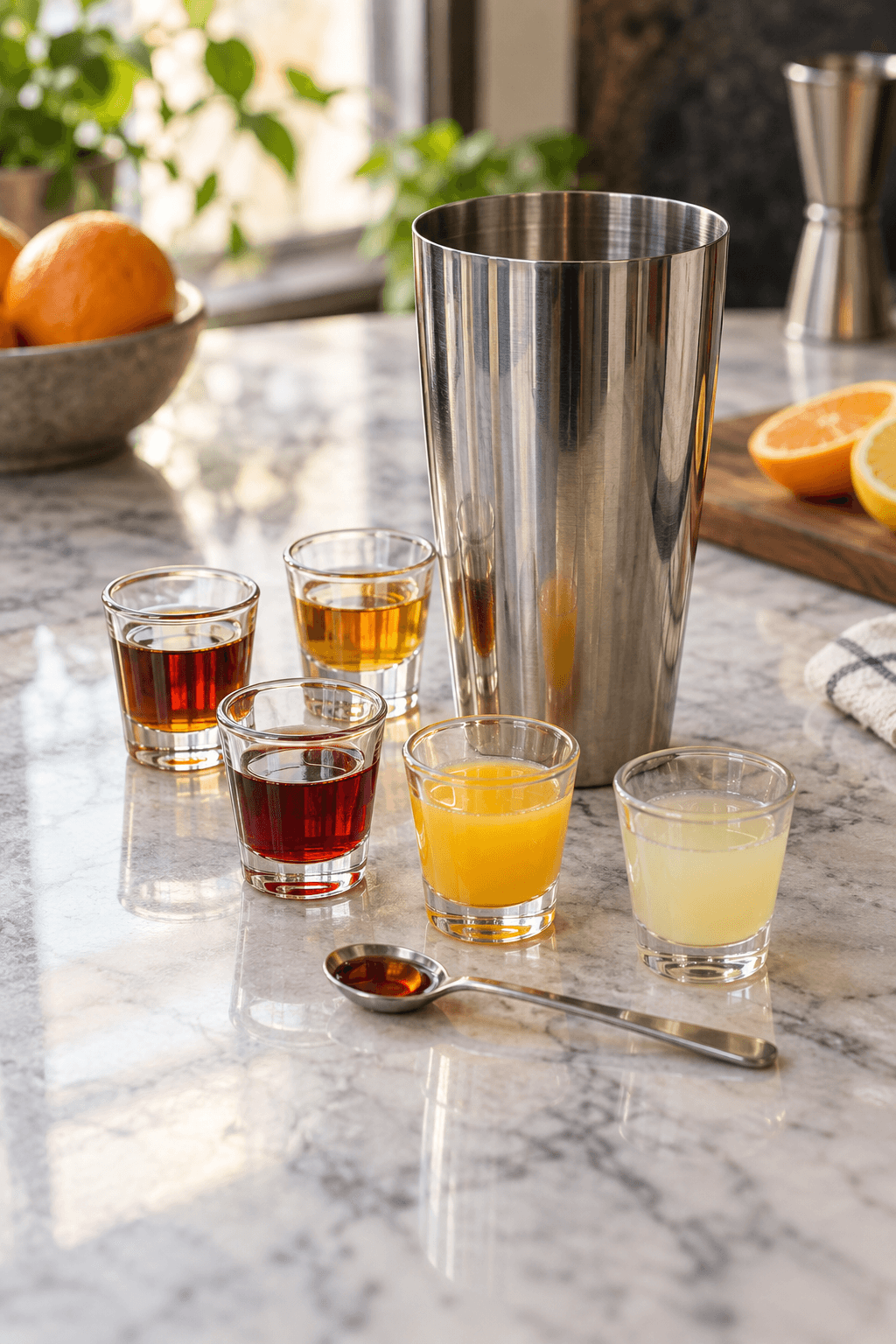 Tre likører, citrus og tesirup står afmålt ved én cocktailshaker