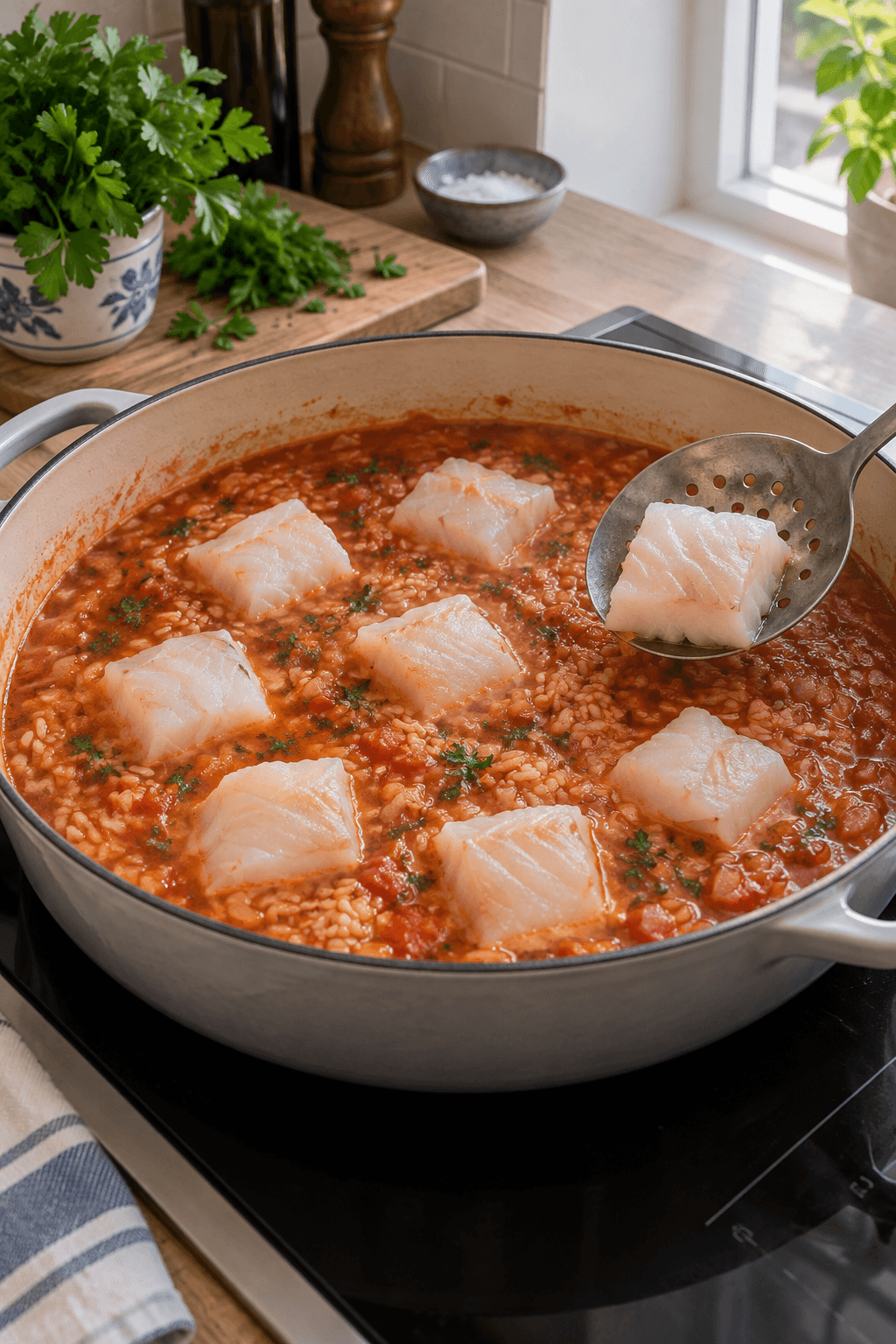 Otte store torskestykker pocheres i lysrød tomatbouillon med ris i én gryde
