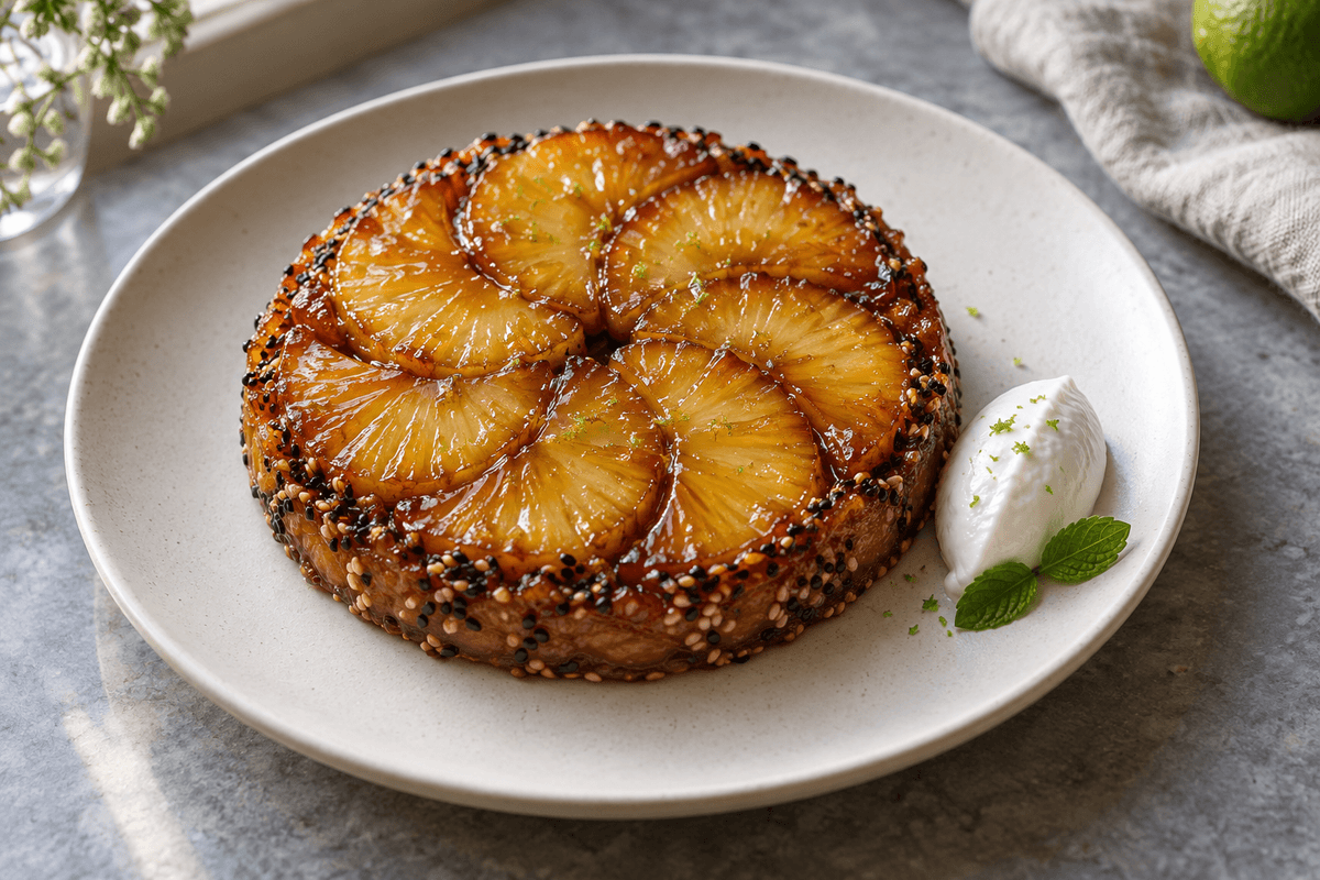 Ananas-tarte-tatin med lime-miso-karamel, sesam-mørdej og kokoscreme
