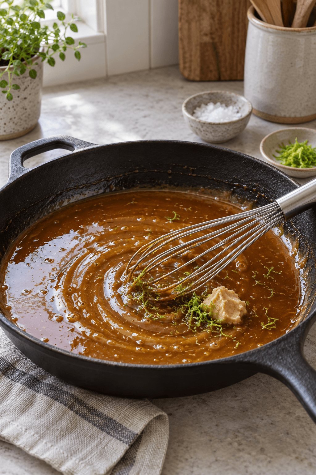 Lime og lys miso piskes i ravfarvet karamel i én mørk pande