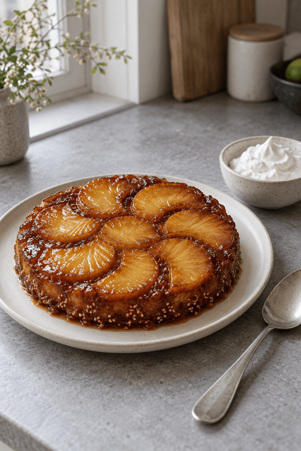 Hel ananas-tarte-tatin med syv frugtstykker, kokoscreme og én serveringsske