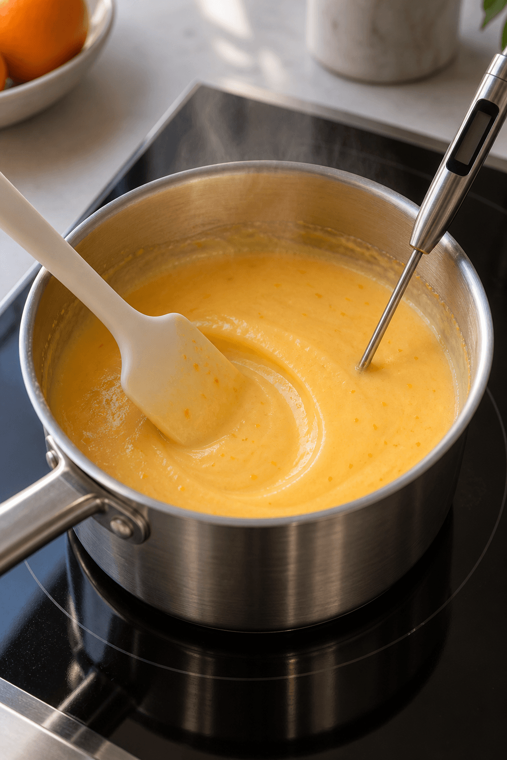 Orange frugtcreme tykner i én gryde med dejskraber og termometer