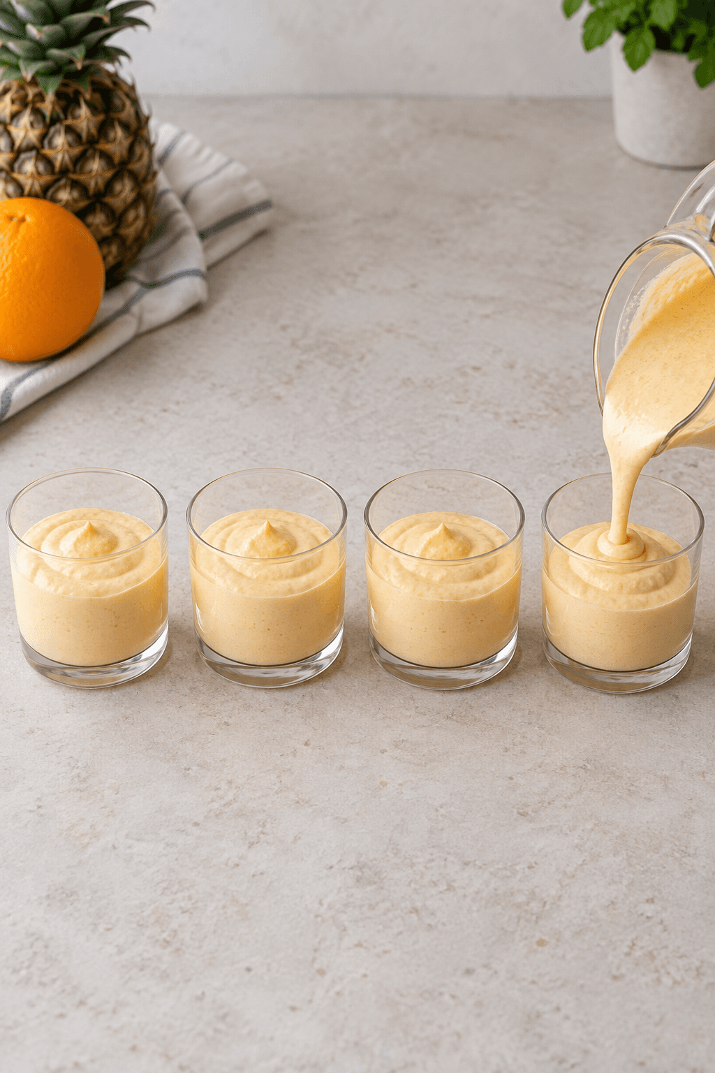 Appelsin-ananasfromage fordeles ligeligt i præcis fire dessertglas