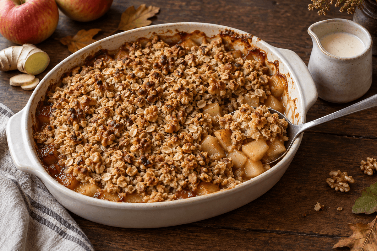 Apple crumble med rørsukker, valnødder, ingefær og kærnemælkscreme
