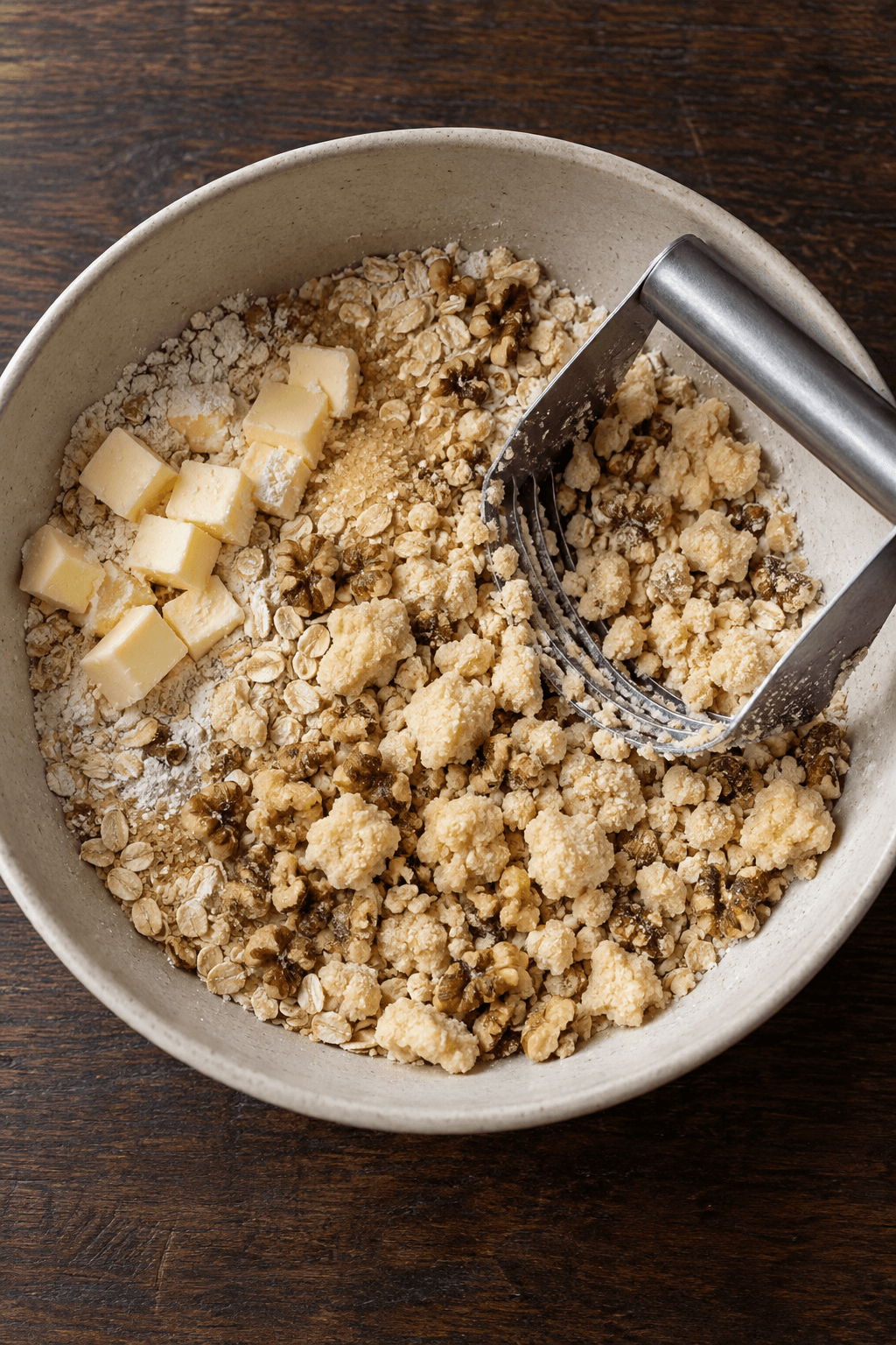 Grov crumble af mel, havregryn, rørsukker, koldt smør og valnødder i en skål