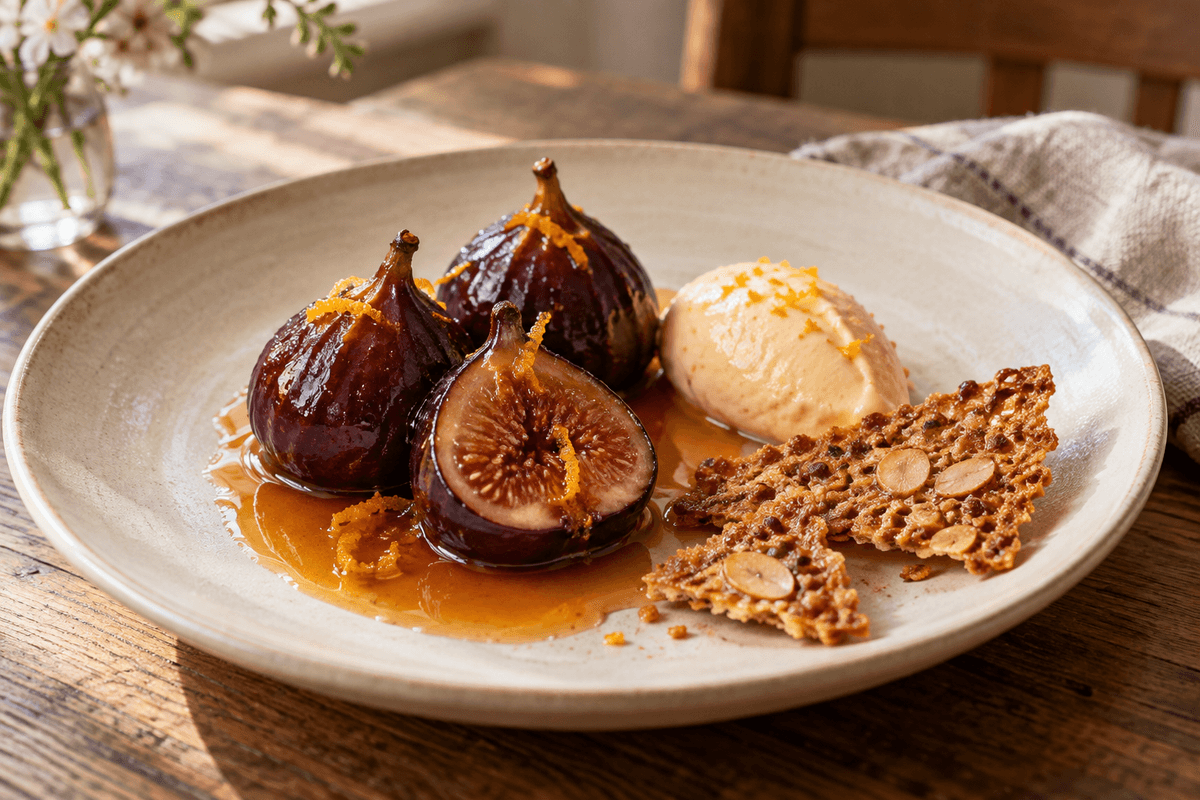 Armagnacpocherede figner med appelsinmascarpone og mandelknas på én tallerken